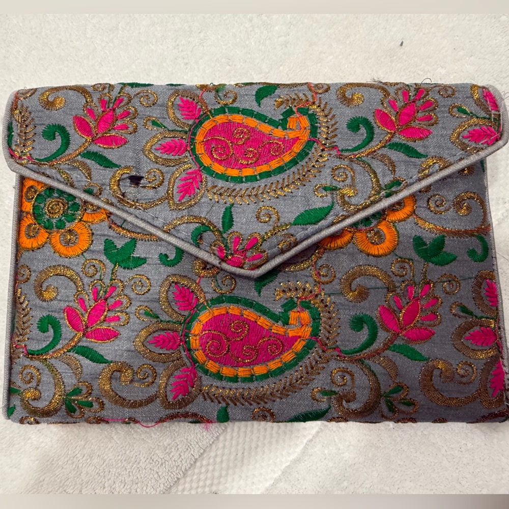 Silk Embroidered Gray Clutch with Pink and Orange Accents from India